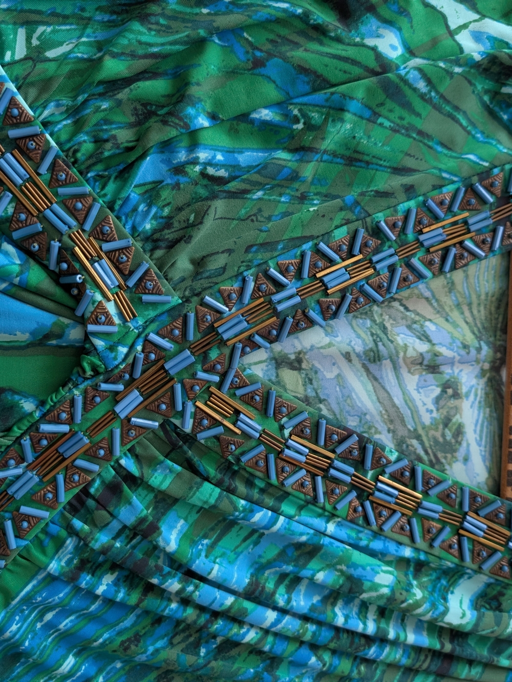 Cache Green and Blue Beaded Tunic Top